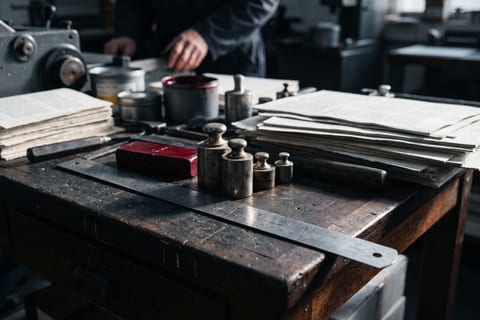 A steel ruler and weights on a dark workbench