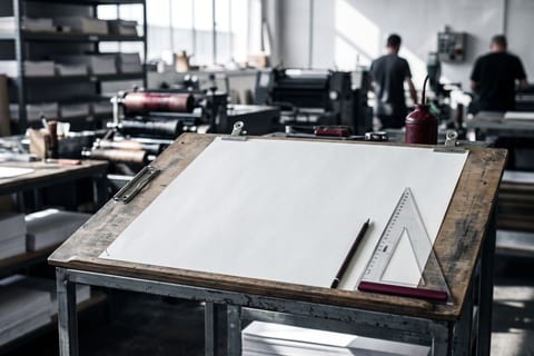 Blank paper pinned to a drafting board with a set square