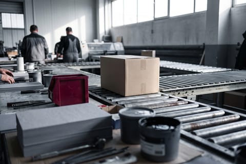 A sealed box on a steel roller conveyor