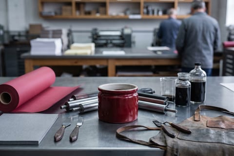 A flat lay of printing supplies with one larger crimson item